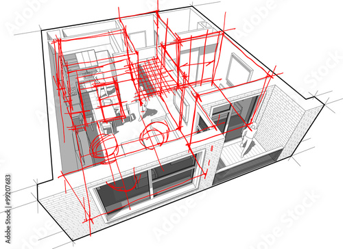 perspective cutaway diagram of a one bedroom apartment completely furnished with red hand drawn architectural sketches over it