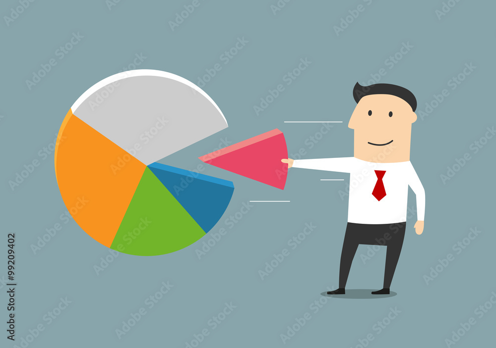 Businessman taking away a piece of market pie Businessman taking away a piece of market pie