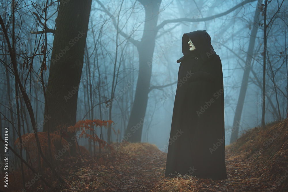Black hooded person in the fog - obrazy, fototapety, plakaty 
