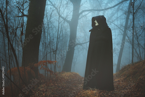 Fotografi Black hooded person in the fog