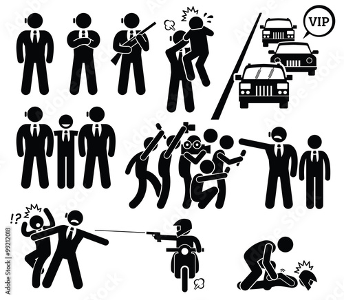 Bodyguard Protecting VIP Boss From Paparazzi and Killer Stick Figure Pictogram Icons