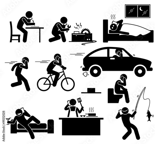 Talking on Cellphone Phone While Doing Something Stick Figure Pictogram Icons