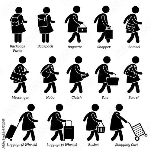 Woman Female Bags Purse Wallet and Luggage Stick Figure Pictogram Icons