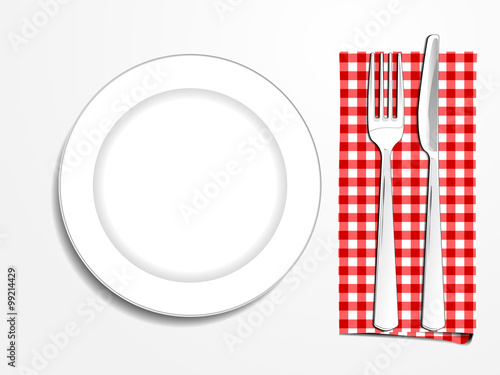 Plate setting white with red checkered tablecloth  knife and for