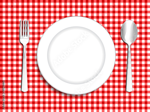 Plate setting white with red checkered tablecloth  spoon and for