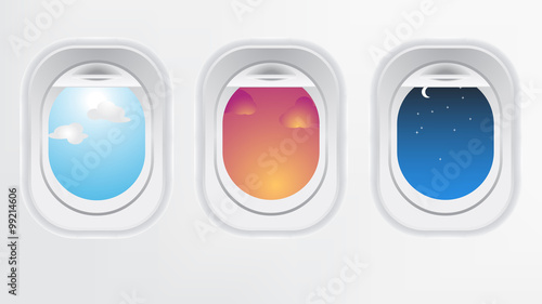 Window of airplane aircraft. Creative design of travel by plane.