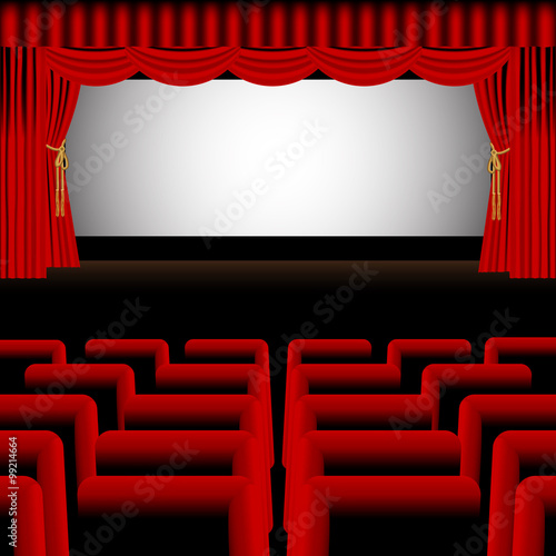 Vector theater stage with a red curtain, seats and a cinema scre