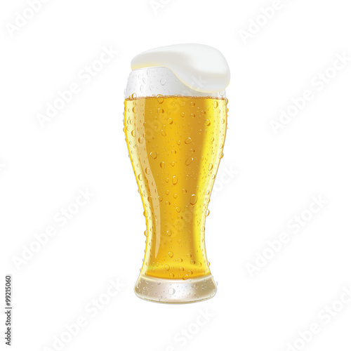 Glass fresh beer with cap of foam and water drop isolated on whi