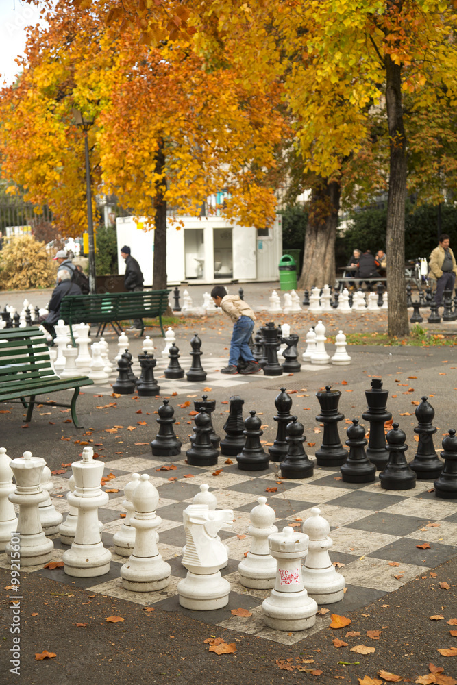 Giant checkers game in a park in Geneva, Swiss
