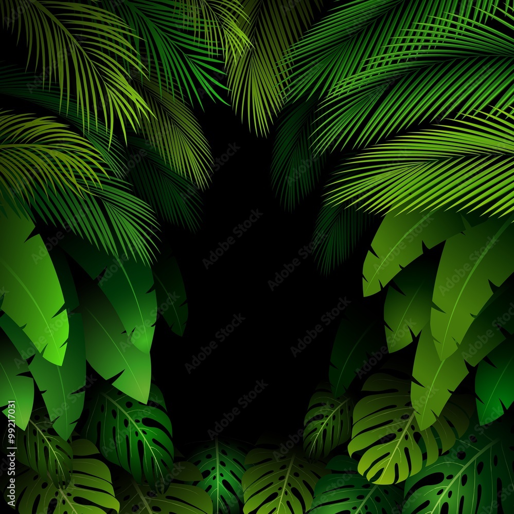Naklejka premium Exotic pattern with tropical leaves on a black background