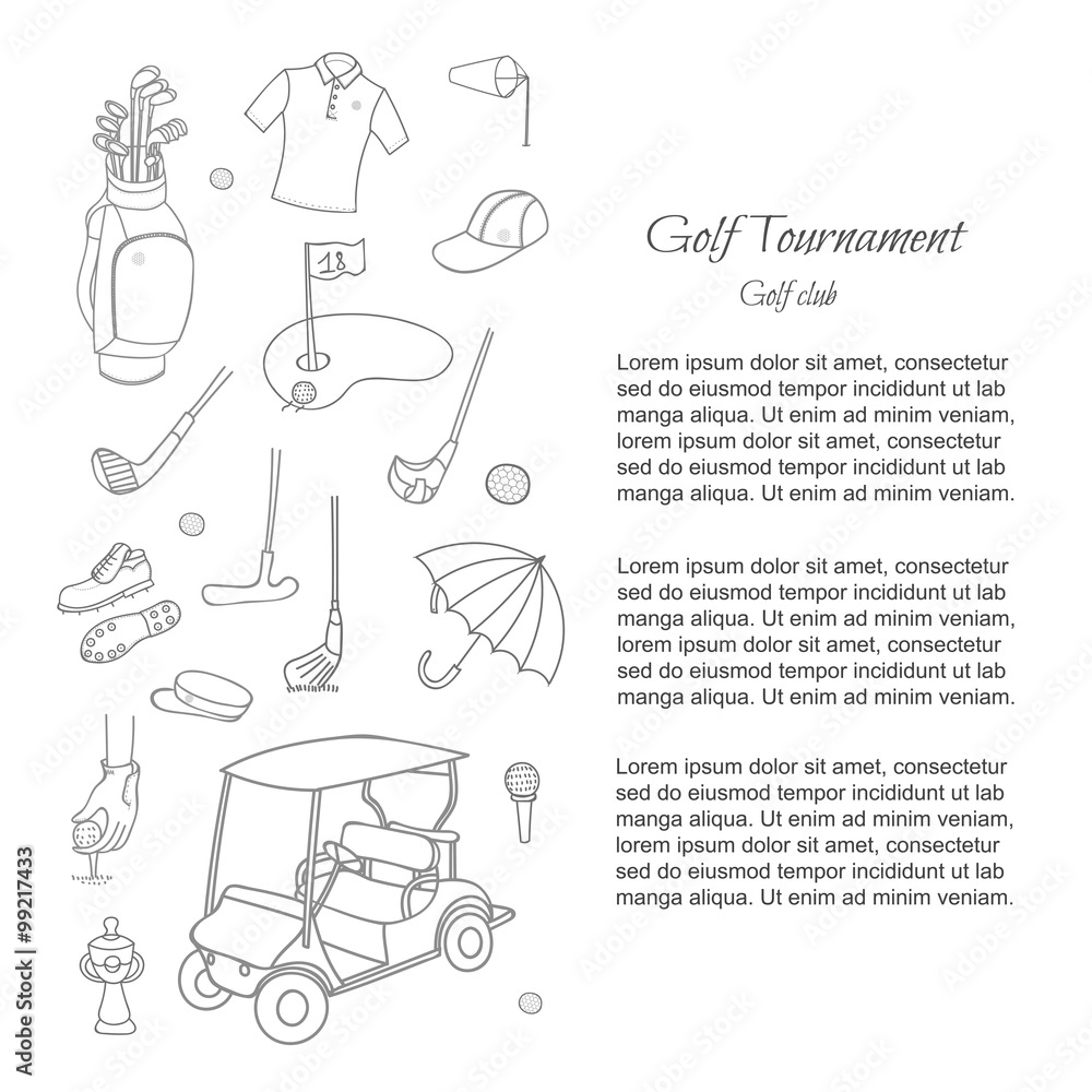 Obraz premium Collection of stylized hand drawn Golf icons, Golfer Equipment set Vector illustration Golf club Golf course background Ball Bag Flag Putter Golf set Golf cart symbol collection Sport Hobby icons