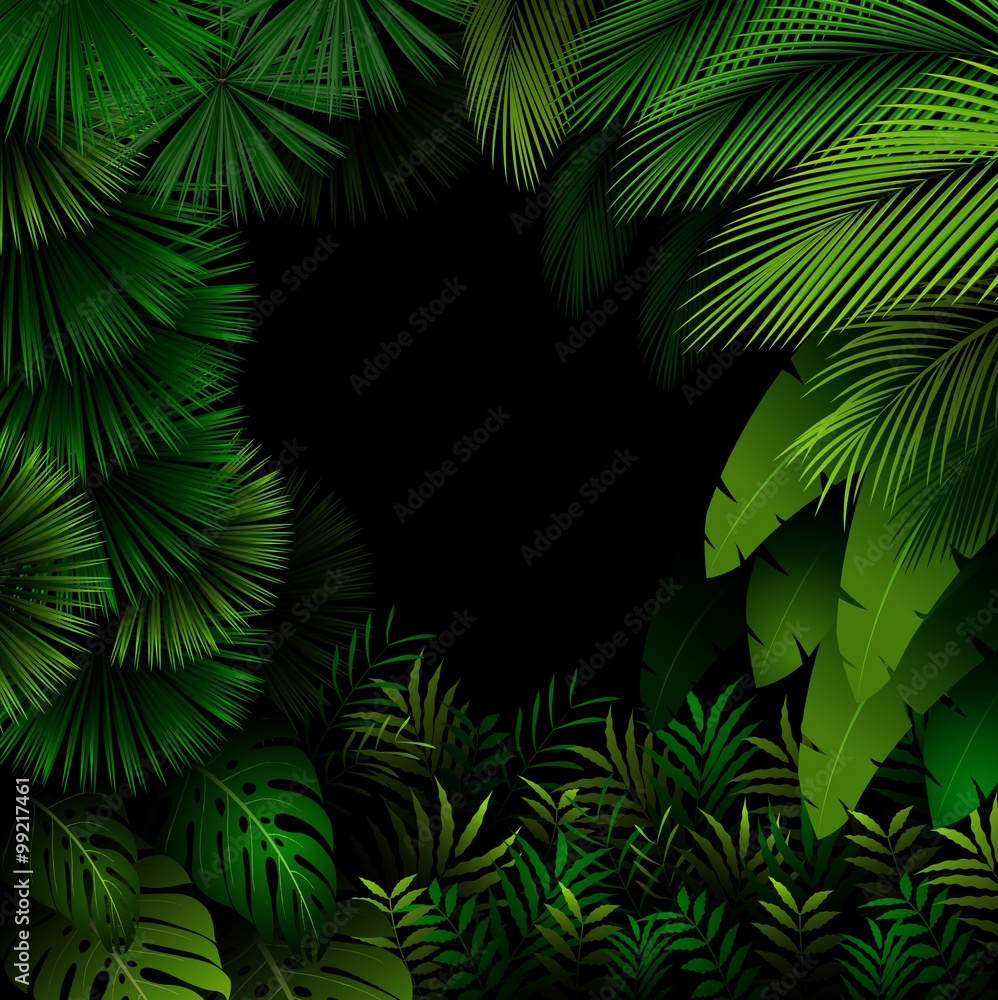 Exotic pattern with tropical leaves on a black background