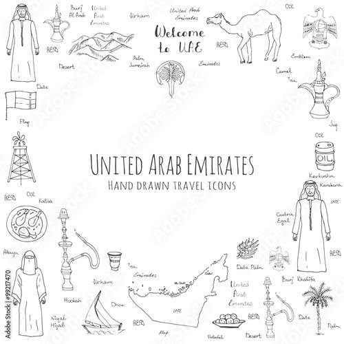 Hand drawn doodle UAE set Vector illustration Sketchy Emirati food icons United Arab Emirates elements Arabic Dubai Abu Dhabi Camel Oil Abaya Hijab Kandura Muslim Travel icons Welcome to Emirates
