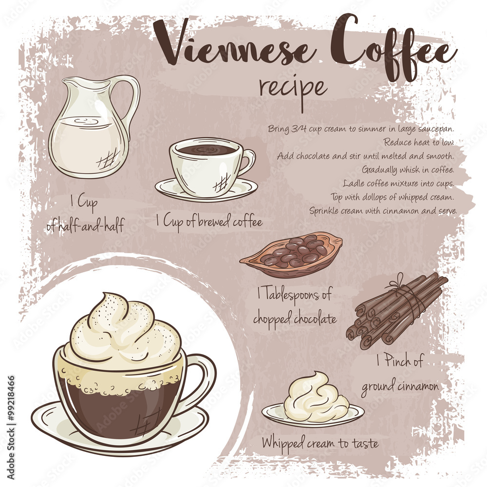 vector hand drawn illustration of viennese coffee recipe with list of