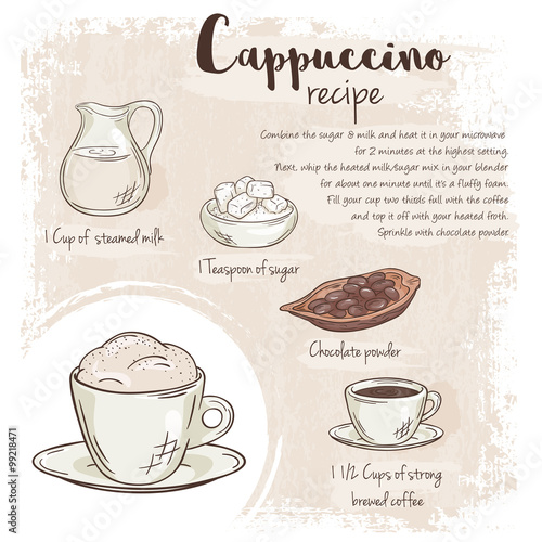 vector hand drawn illustration of cappuccino recipe with list of ingredients