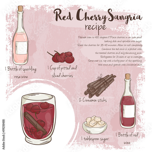 vector hand drawn illustration of red cherry sangria recipe with list of ingredients