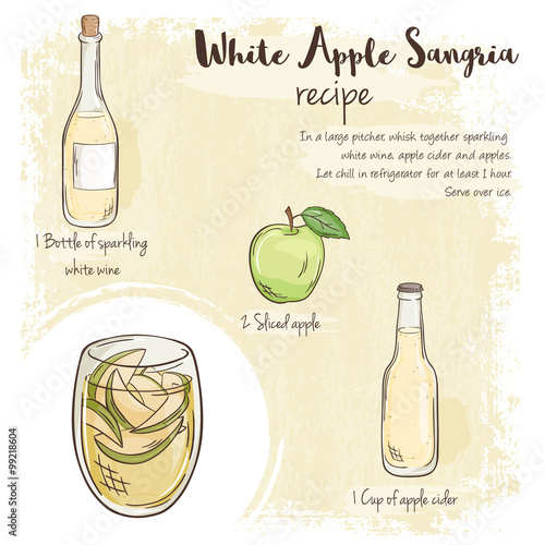 vector hand drawn illustration of white apple sangria recipe with list of ingredients
