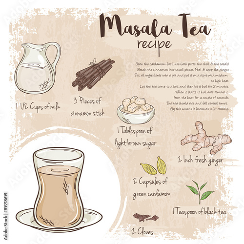 vector hand drawn illustration of masala tea recipe with list of ingredients