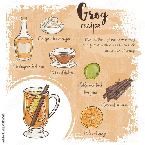 vector hand drawn illustration of grog recipe with list of ingredients