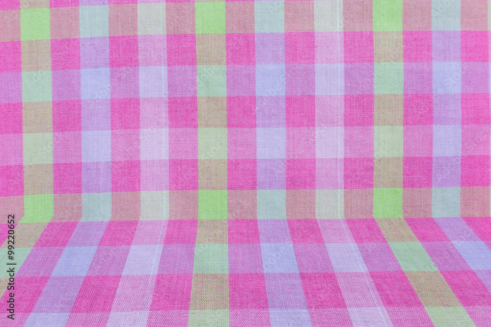 Pink classic checkered tablecloth texture, background with copy