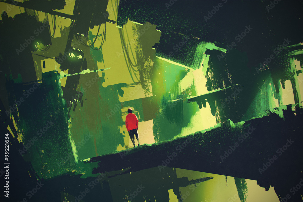 Obraz premium man walking into abstract green city,illustration