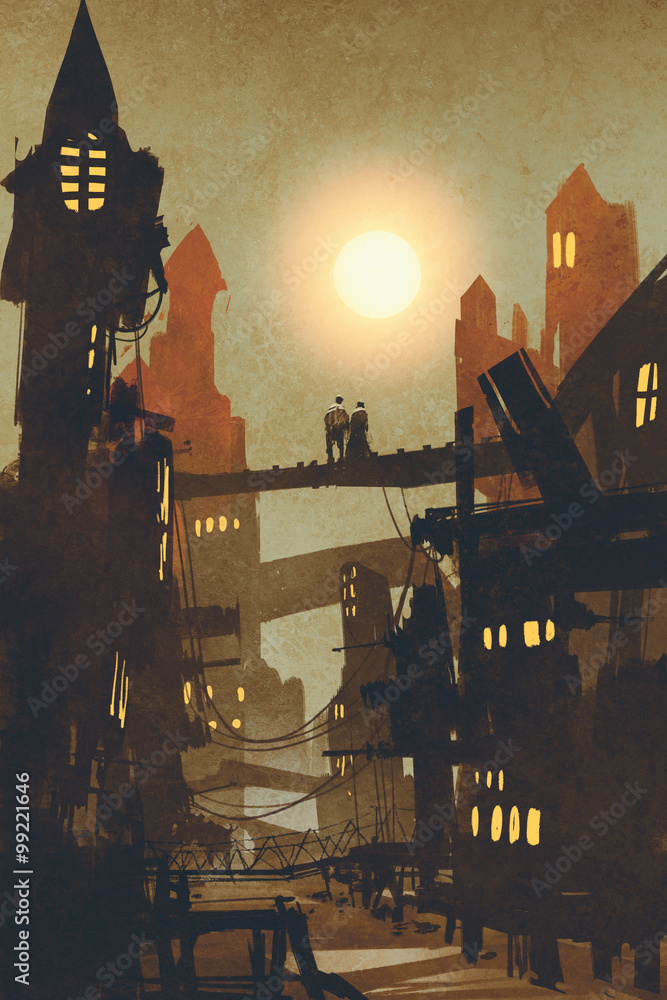 Obraz premium night scene of couple on bridge over city background,illustration