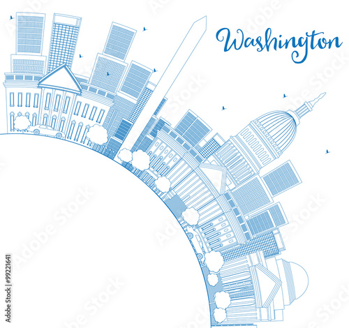 Outline Washington DC Skyline with Copy Space and Blue Buildings. Some elements have transparency mode different from normal.