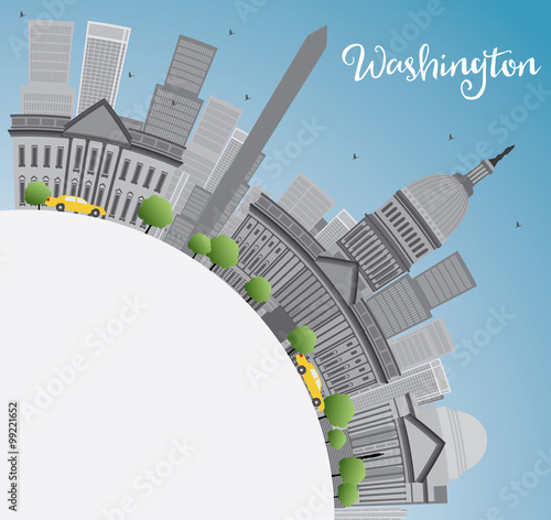 Washington DC city skyline with Gray Landmarks and Copy Space. Some elements have transparency mode different from normal.