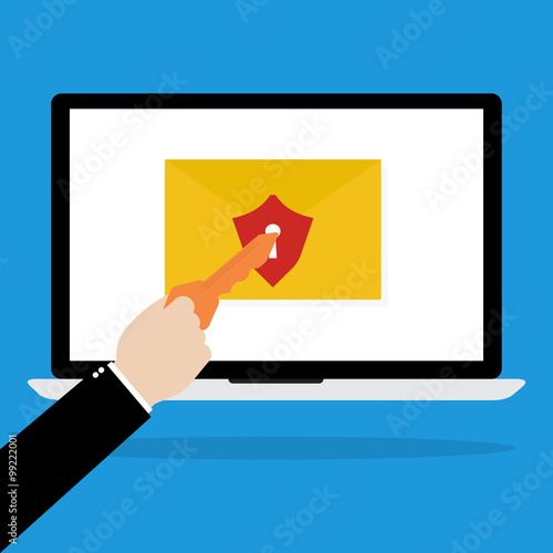 Computer laptop with red shield email and keyhole.