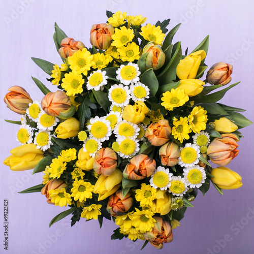 Bouquet of flowers of tulips and chrysanthemums  top view