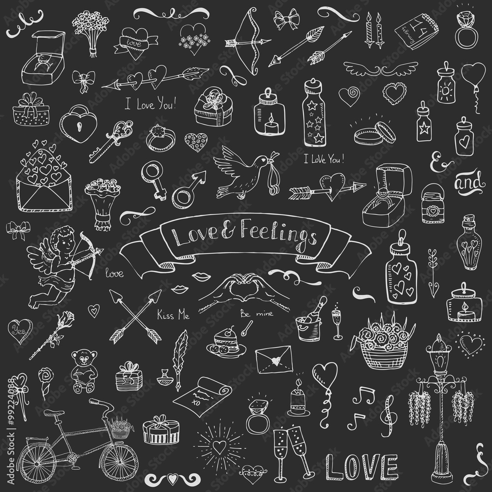 Obraz premium Hand drawn doodle Love and Feelings collection Vector illustration Sketchy Love icons Big set of icons for Valentine's day, Mothers day, wedding, love and romantic events Hearts hands cupid bouquet