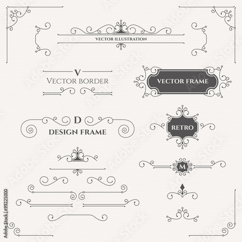 Vector monograms, borders, frames, corners.  Design collection for  labels, invitations, banners, posters, badges, signage, stickers, cards. Graphic design page. 