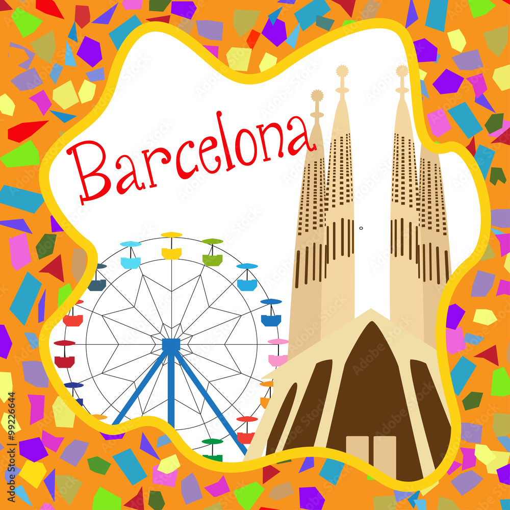 Obraz premium Colorful Barcelona card with Sagrada Familia