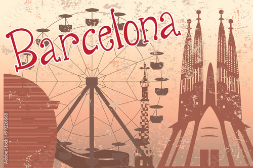 Colorful Barcelona card with Sagrada Familia and Ferris wheel an photo