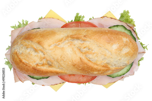 Sandwich Baguette belegt mit Schinken von oben Freisteller photo