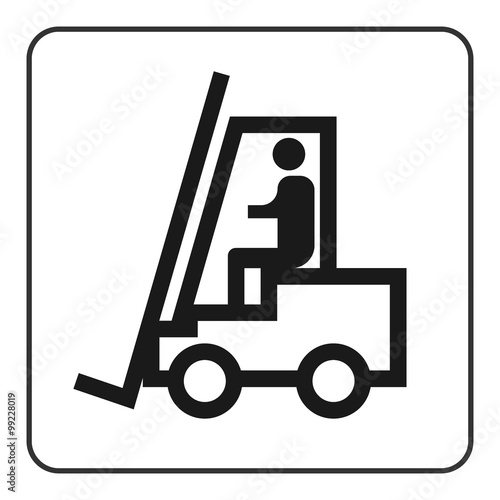 Forklift truck sign. Black lift-truck icon with the silhouette of a man emblem isolated in square on white background. Symbol of logistic, delivery, industrial, transport of goods. Vector illustration
