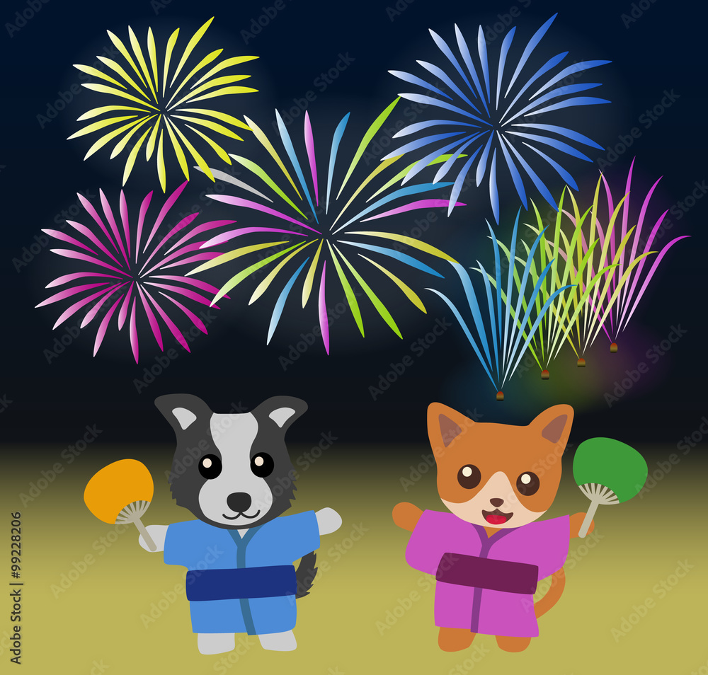 花火大会を見ている犬と猫 Stock イラスト Adobe Stock