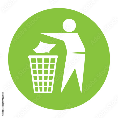 Keep clean icon. Do not litter sign. Silhouette of a man in the green circle, throwing garbage in a bin, isolated on white background. No littering symbol. Public Information Icon. Vector illustration