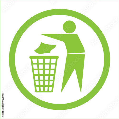 Keep clean icon. Do not litter sign. Silhouette of a man in the green circle, throwing garbage in a bin, isolated on white background. No littering symbol. Public Information Icon. Vector illustration
