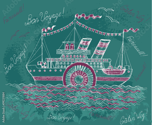 Hand drawn illustration with old steam ship