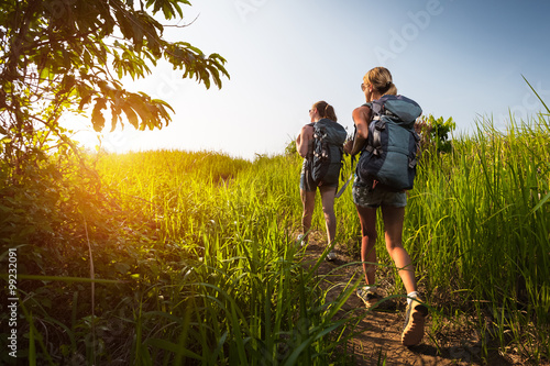 Hikers with backpack photo