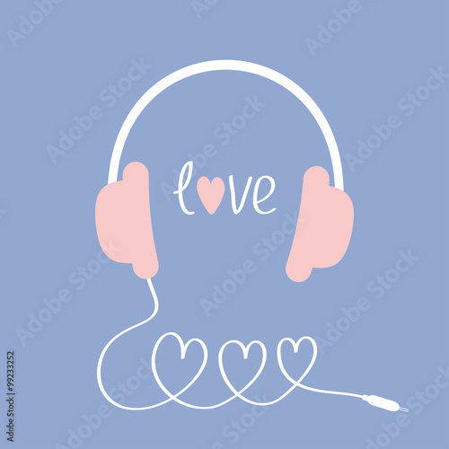 Headphones and cord in shape of three hearts. Word love. White background. Isolated. Flat design. Serenity, pink rose quartz color.