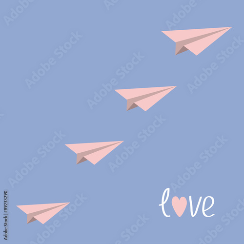 Origami paper plane flying in the sky. Love card. Flat design. Serenity, pink rose quartz color.