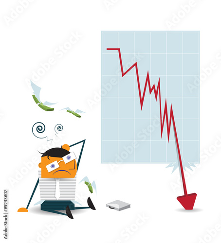 Business man shocked when checking data chart - falling down chart is confused. Businessman lose money are feeling sad because shares fall - collapse of the economy. Vector cartoon on white background