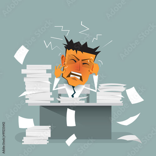 Vector cartoon businessman busy ( strain, burnout ) sitting at office desk. On office table with document - paper pile of work. Concept for stress or tension, overworked, depressed and exhausted