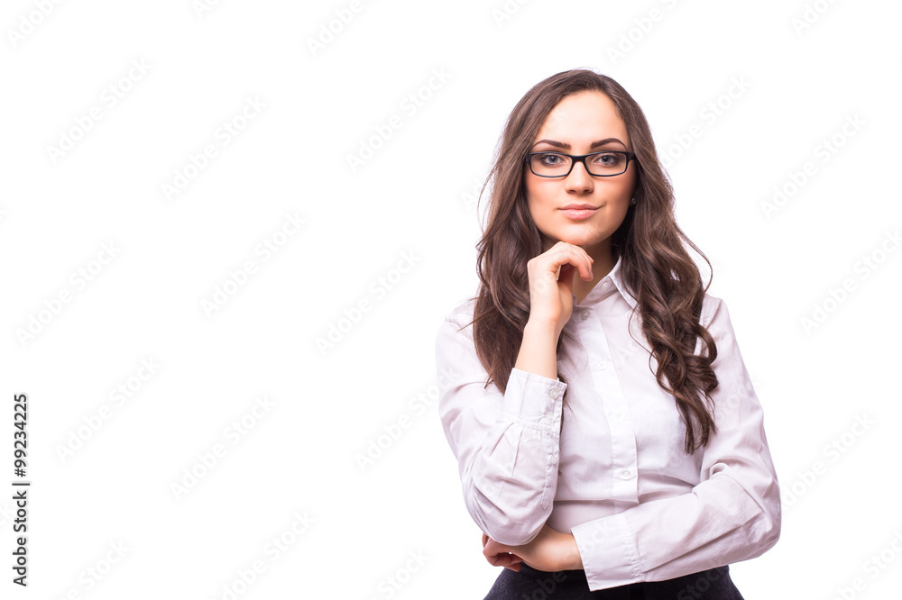 portrait of attractive caucasian smiling woman isolated on white studio shot looking at camera portrait of attractive caucasian smiling woman isolated on white studio shot looking at camera