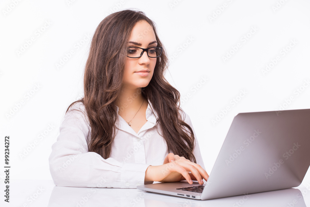 Laptop woman. Business Woman with glasses using laptop computer pc. Isolated on white background. Laptop woman. Business Woman with glasses using laptop computer pc. Isolated on white background.