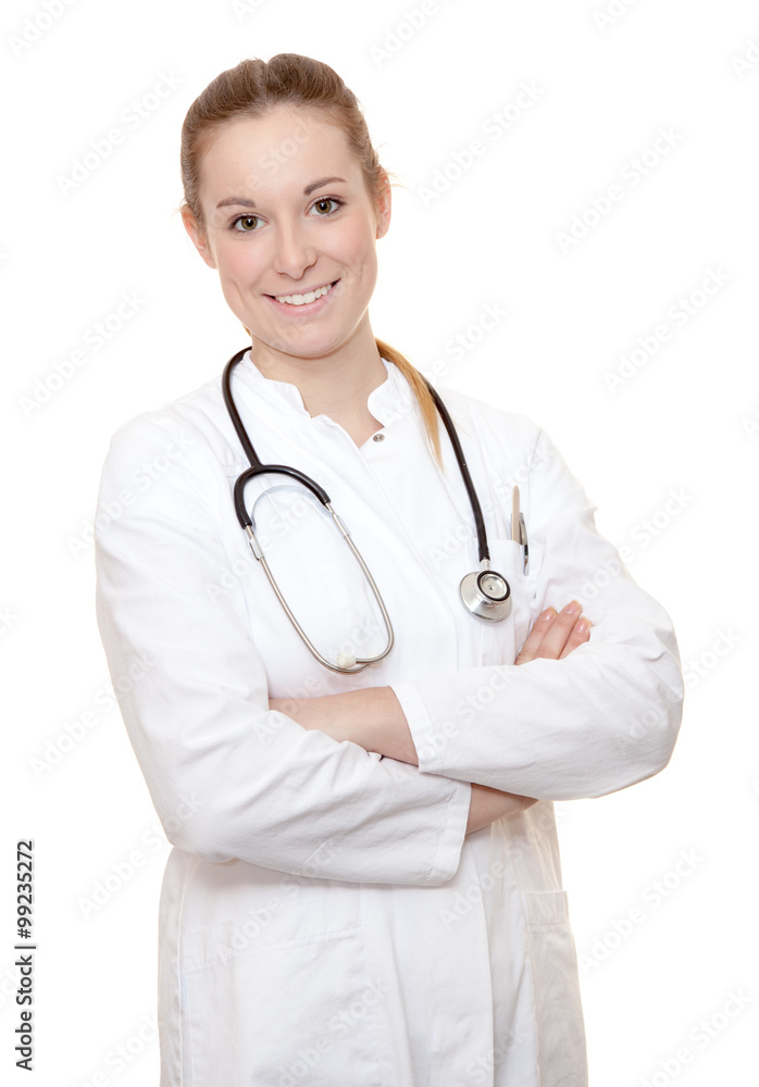 Attractive female physician. All on white background. Attractive female physician. All on white background.