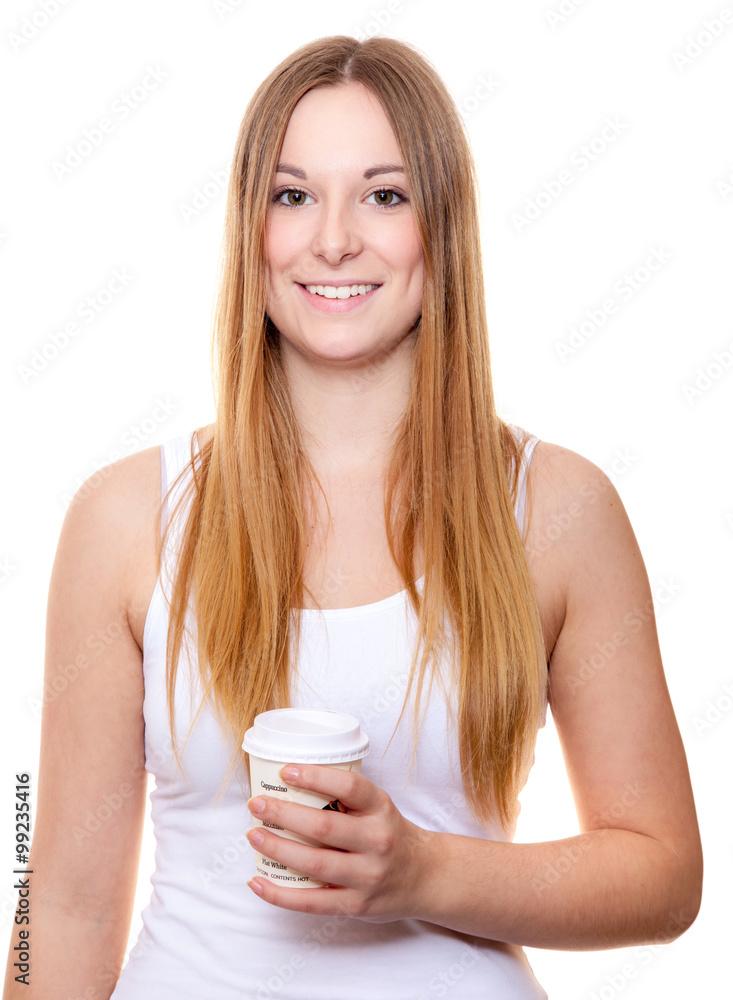 Attractive young woman with coffee to go. All on white background. Attractive young woman with coffee to go. All on white background.