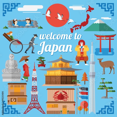 Flat design, Illustration of Japanese landmarks and icons
